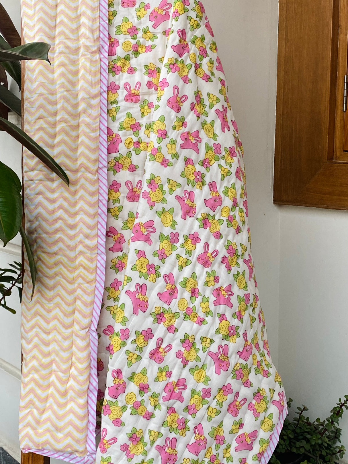 Flowers and Rabbit Blockprint Kids Quilt