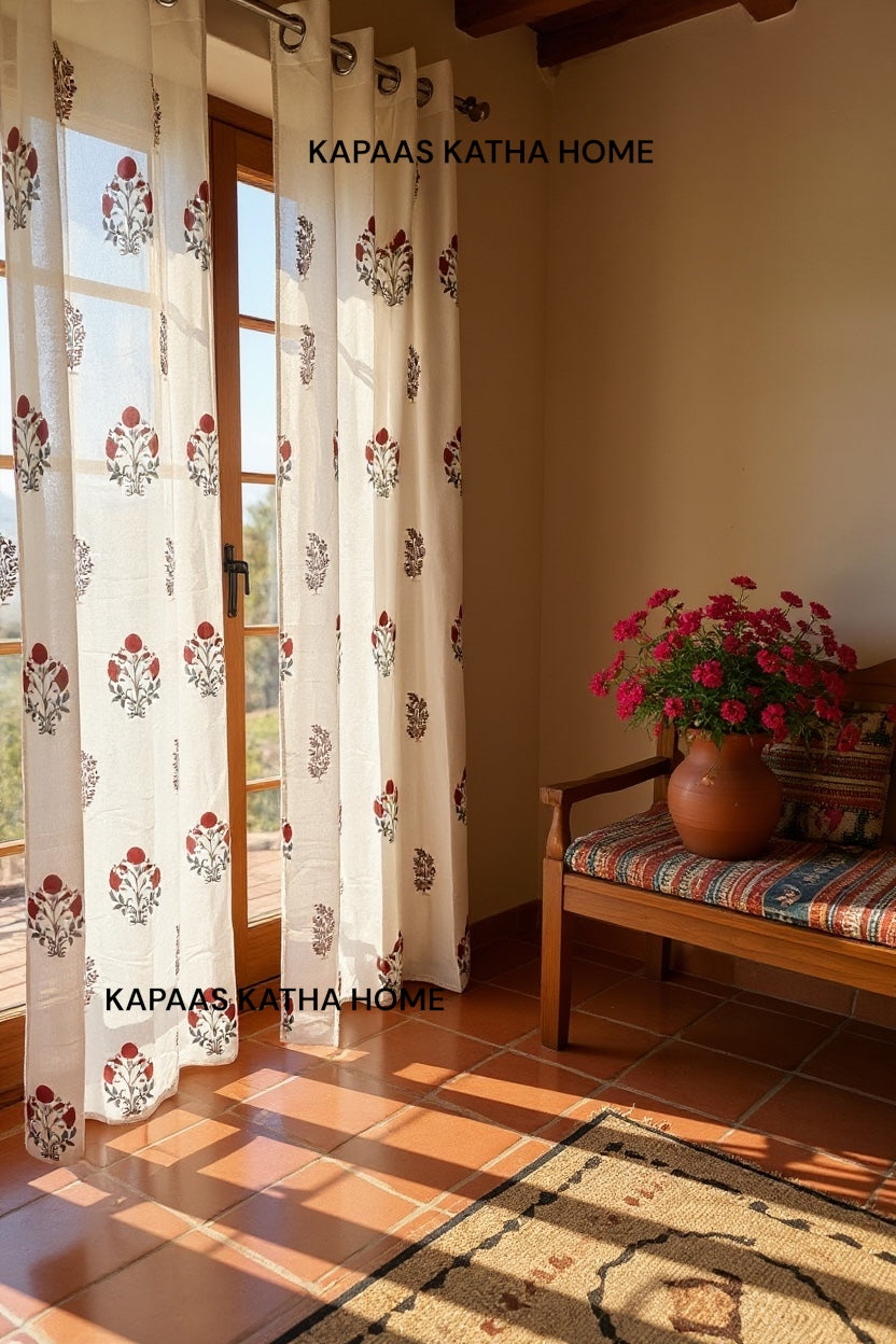 Pair of Red Motifs Blockprint Cotton Curtains (Set of 2)