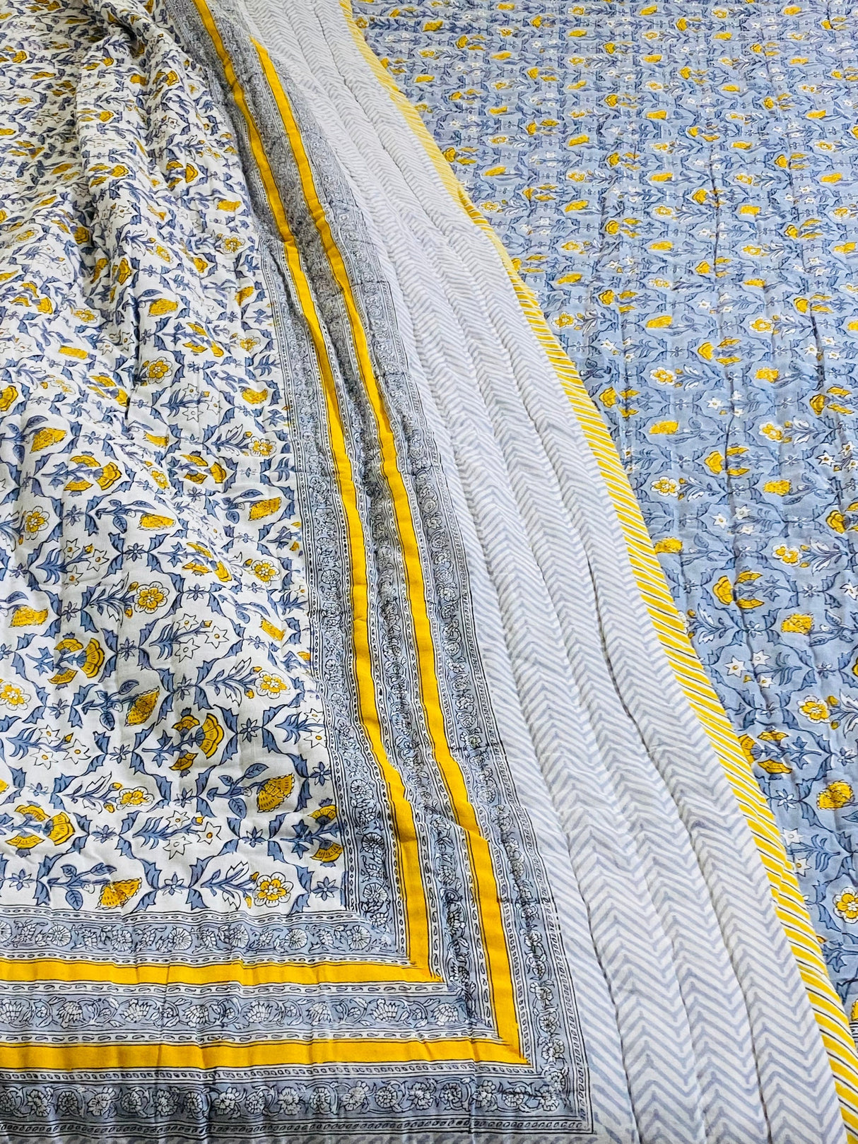 Grey and Yellow Theme Blockprint Bedsheet & Quilt Set