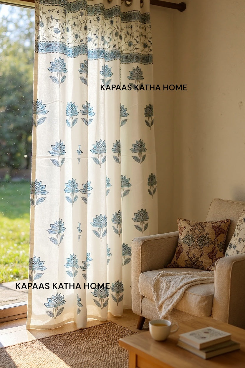 Pair of Blue Floral Blockprint Cotton Curtain (Set of 2)