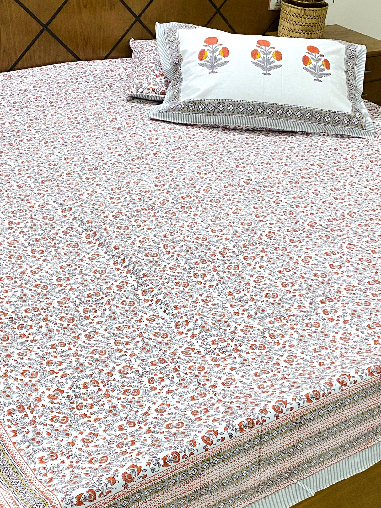 Rust Floral Cotton Bedsheet & Quilt Set