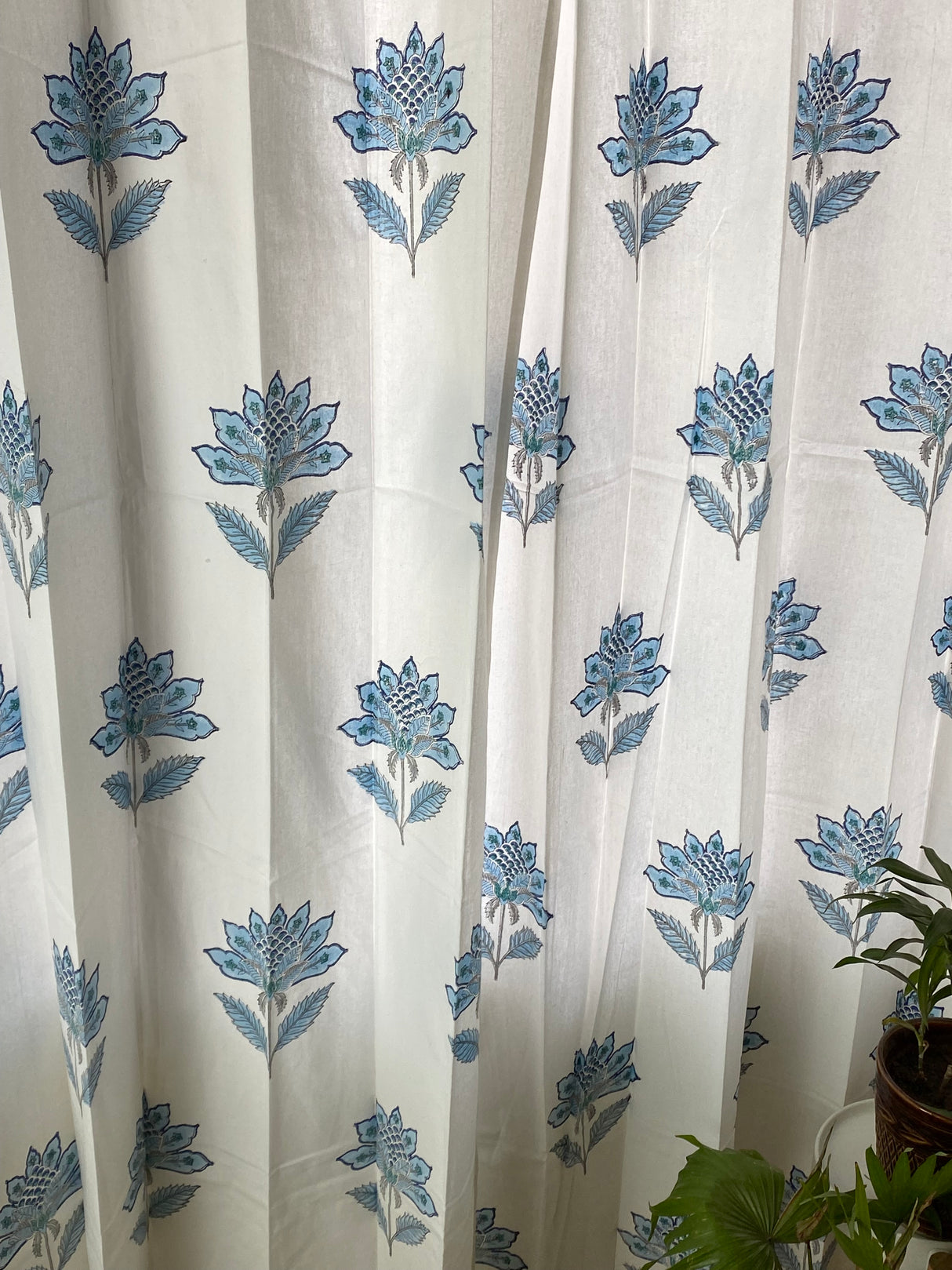 Pair of Blue Floral Blockprint Cotton Curtain (Set of 2)