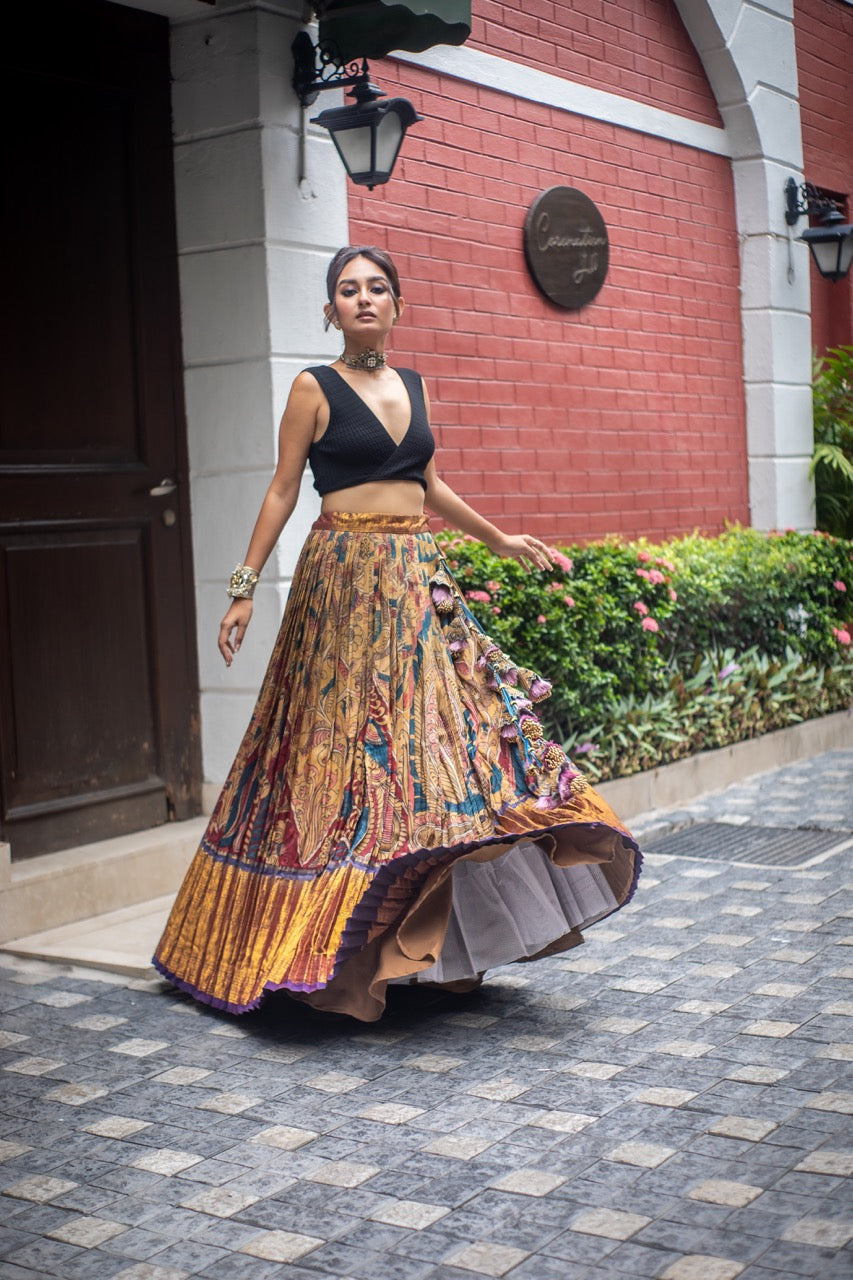 Floral and Peacock Theme Kanchi Pattu Kalamkari Lehenga
