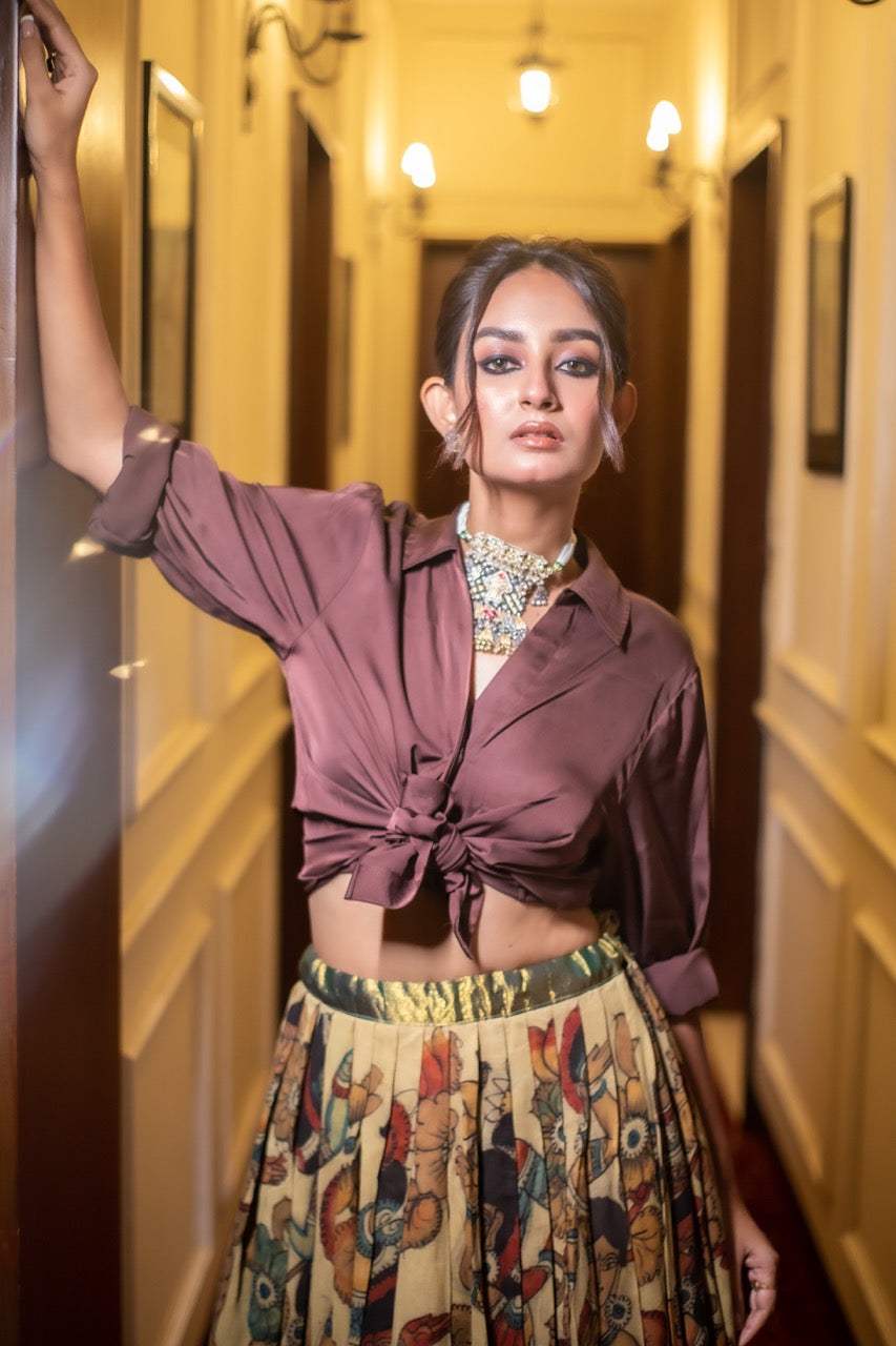 Mysore Crepe Kalamkari Lehenga with Kanjivaram Border