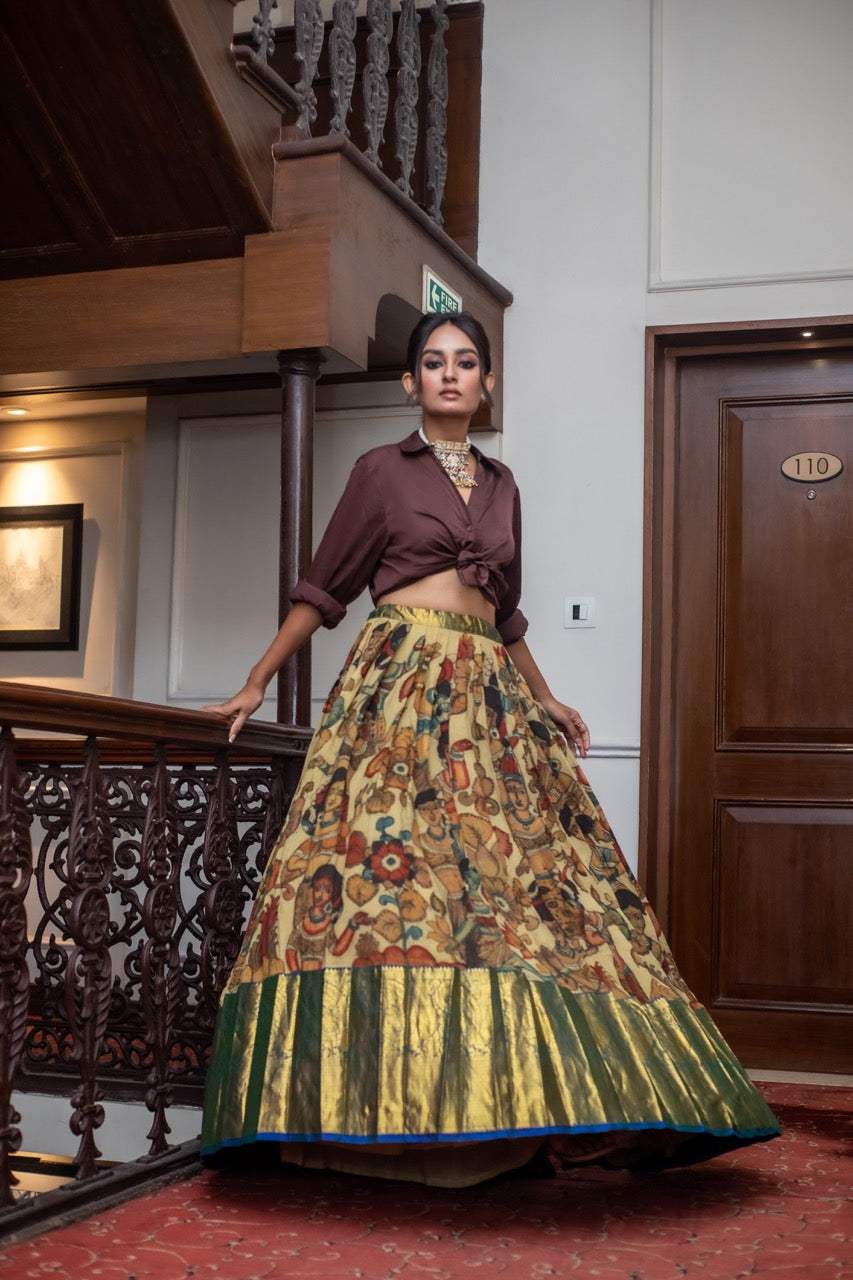 Mysore Crepe Kalamkari Lehenga with Kanjivaram Border