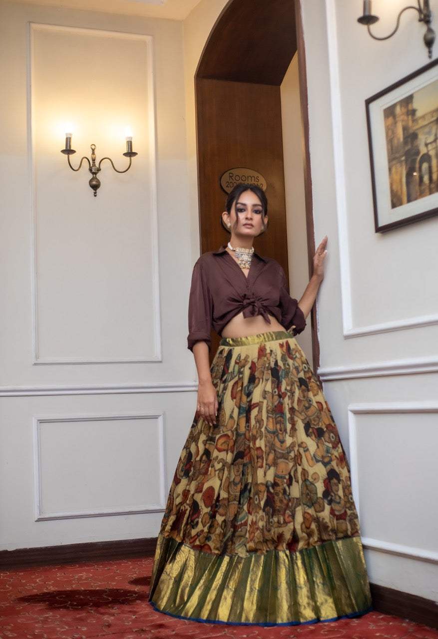 Mysore Crepe Kalamkari Lehenga with Kanjivaram Border