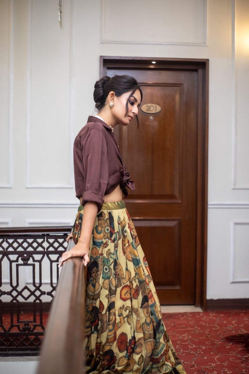 Mysore Crepe Kalamkari Lehenga with Kanjivaram Border