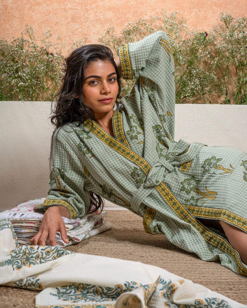 Greenish Base Color Cotton Waffle Handblock Bath Robe