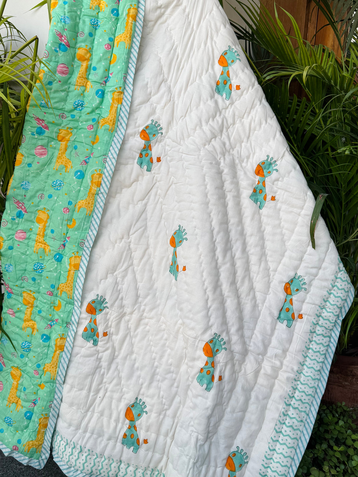 Green Giraffe Elephant Blockprint Kids Quilt