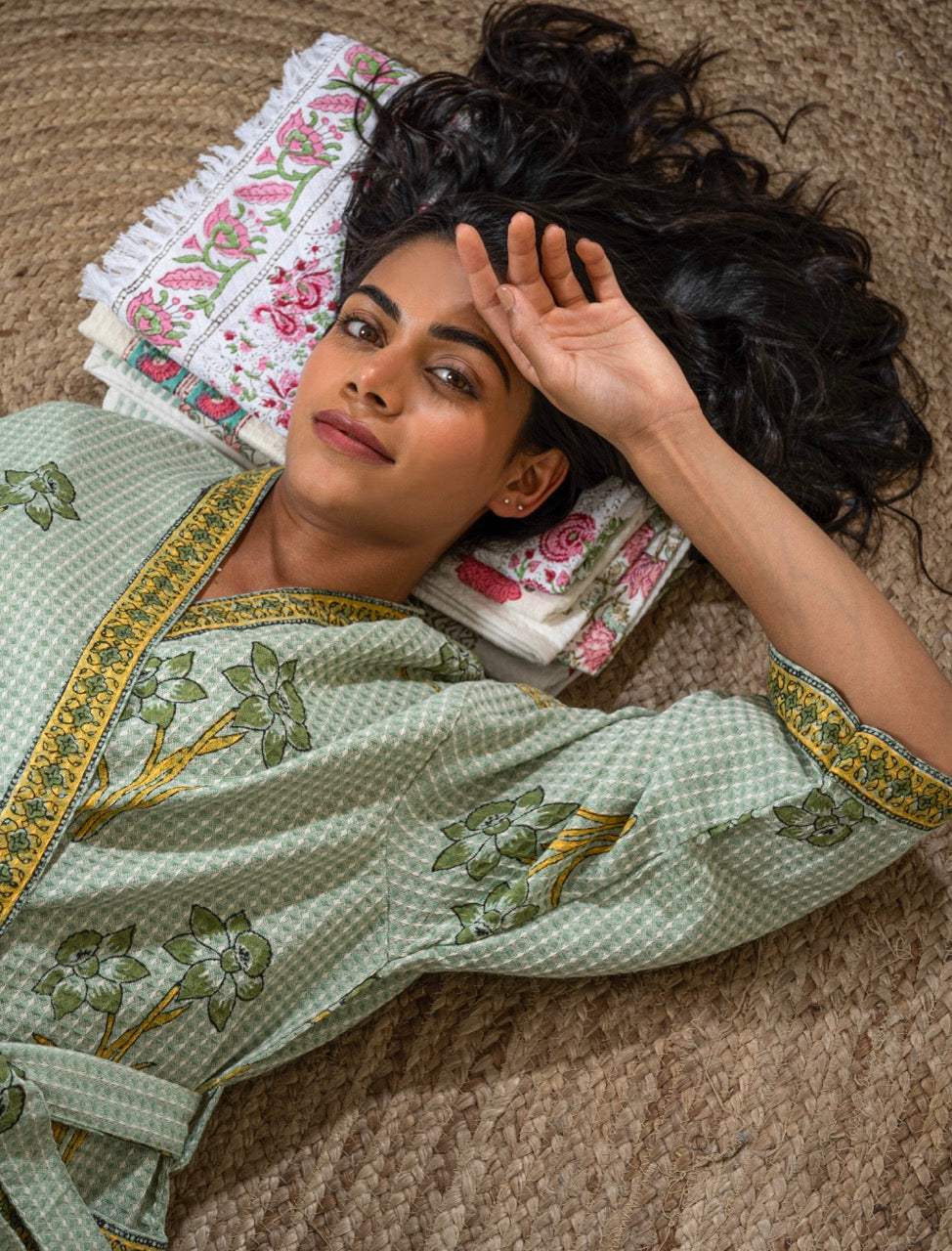 Greenish Base Color Cotton Waffle Handblock Bath Robe