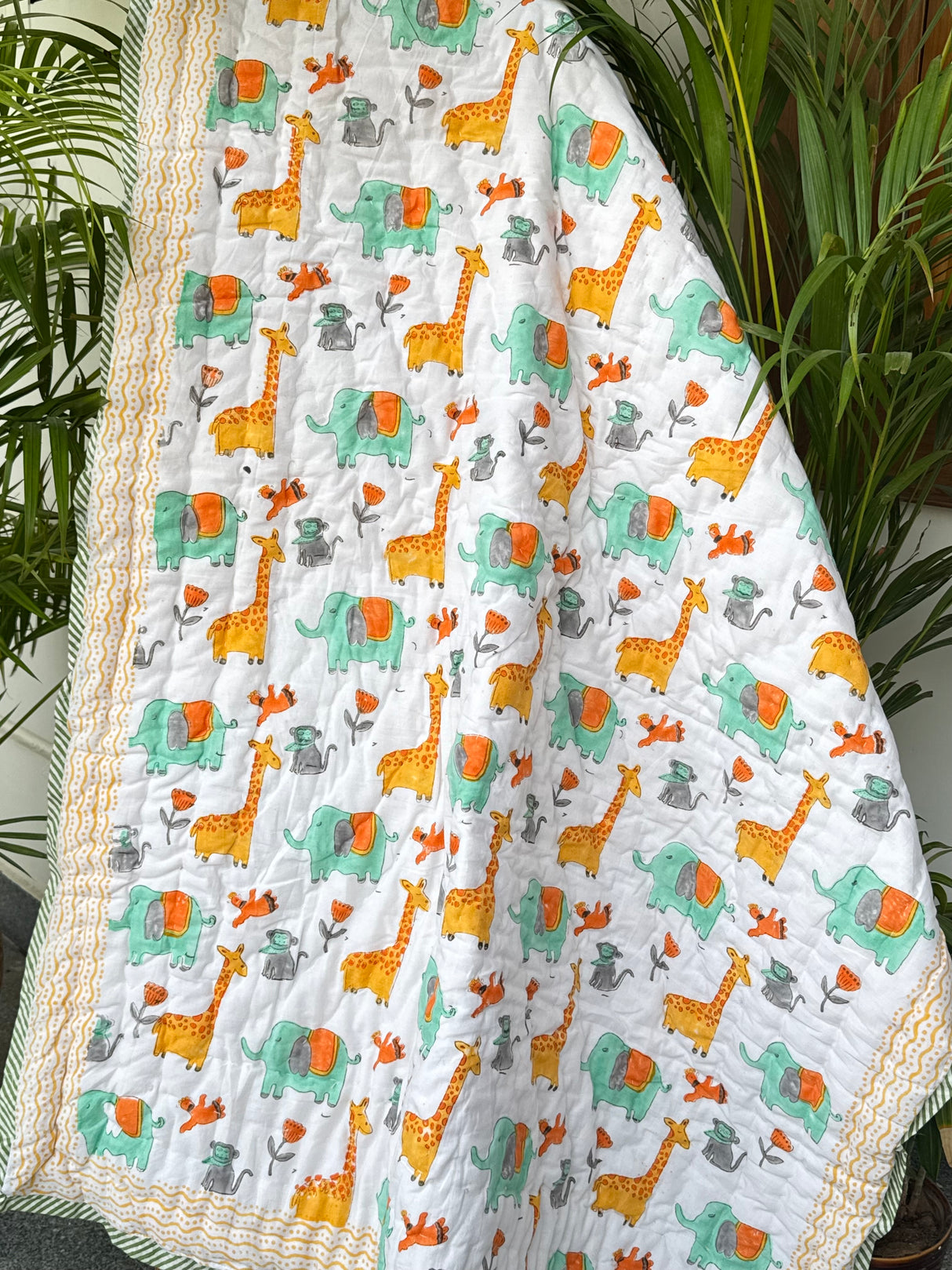 Giraffe Elephant Blockprint Kids Quilt