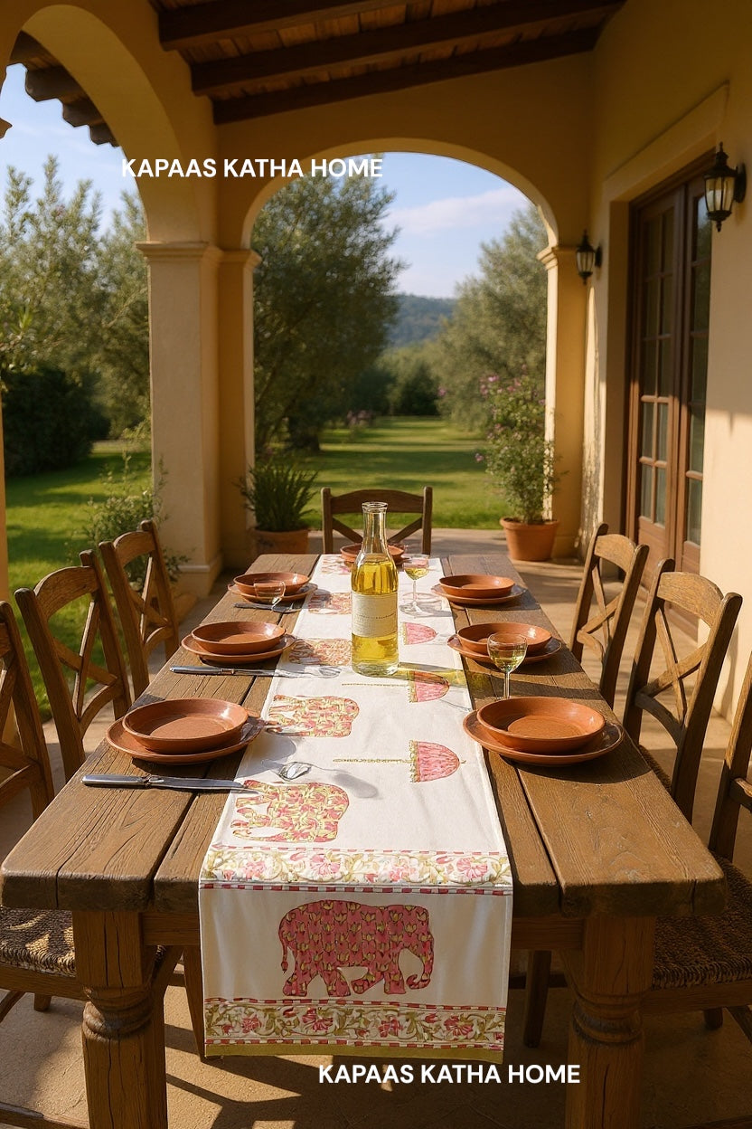 Majestic Elephants Blockprint Cotton Table Runner