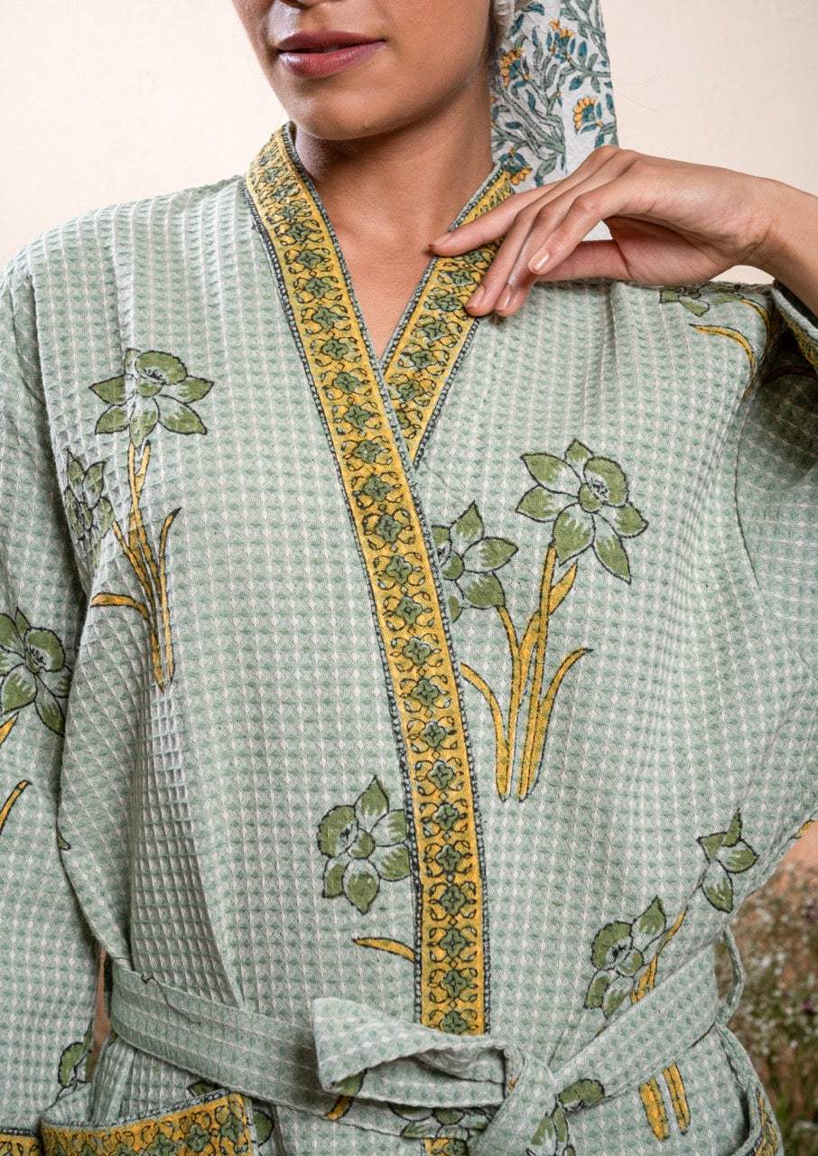 Greenish Base Color Cotton Waffle Handblock Bath Robe