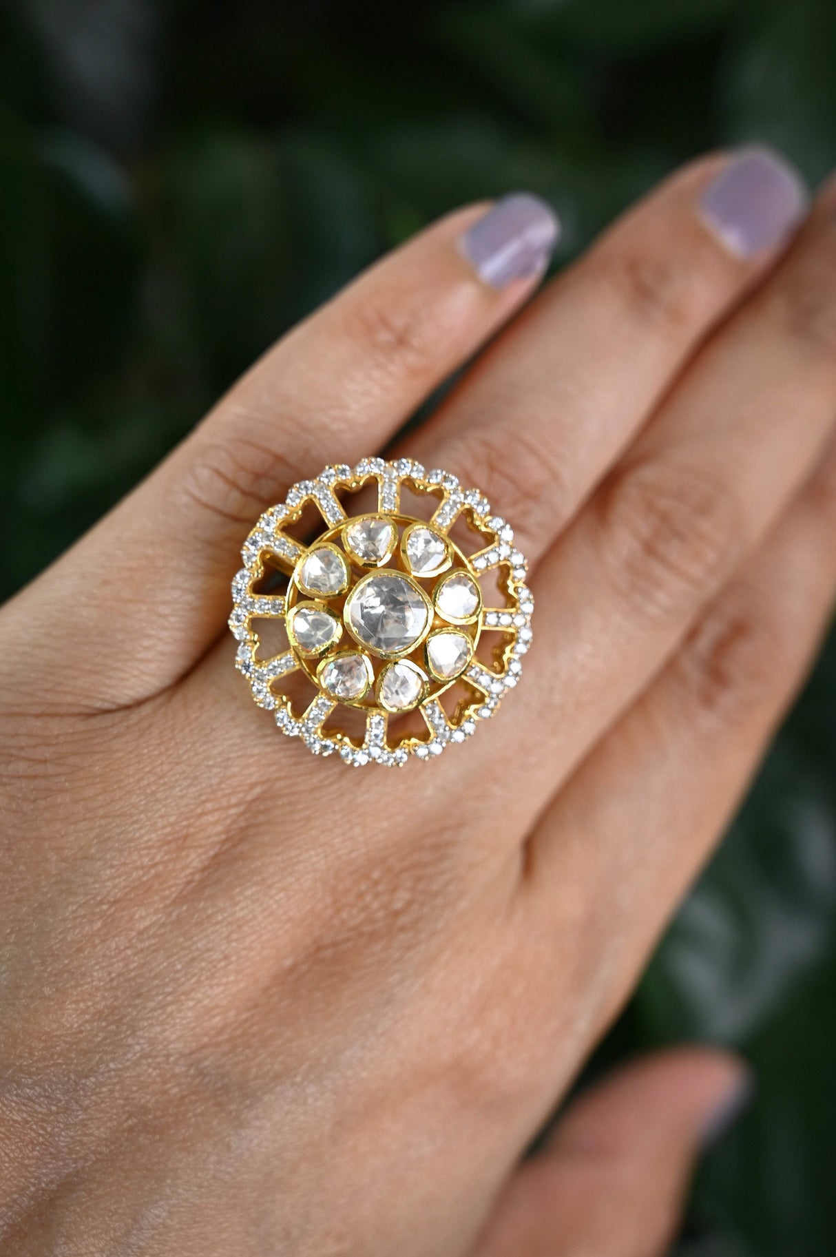 Royal Orbit Handcrafted Adjustable 92.5 Silver Ring with Moissanite polki