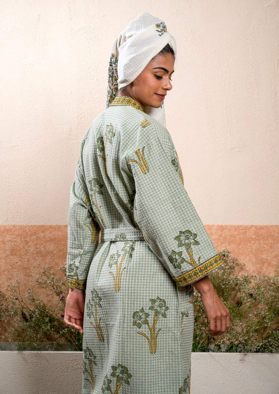 Greenish Base Color Cotton Waffle Handblock Bath Robe