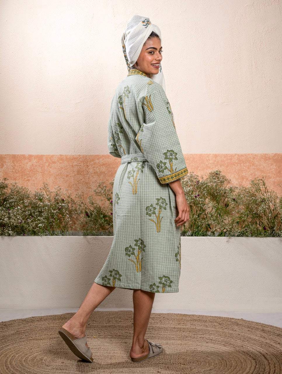 Greenish Base Color Cotton Waffle Handblock Bath Robe