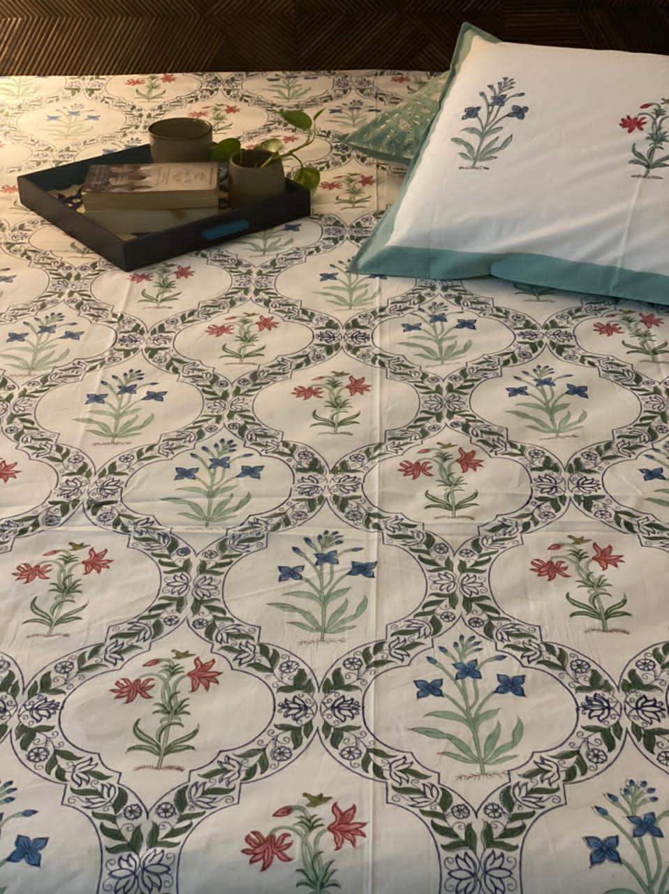 Elegant Green Floral Blockprint Bedsheet & Quilt Set