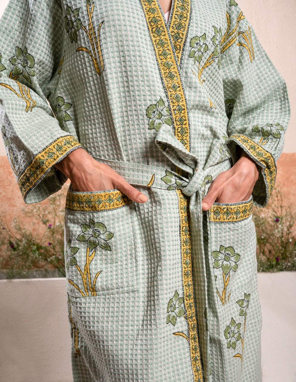 Greenish Base Color Cotton Waffle Handblock Bath Robe