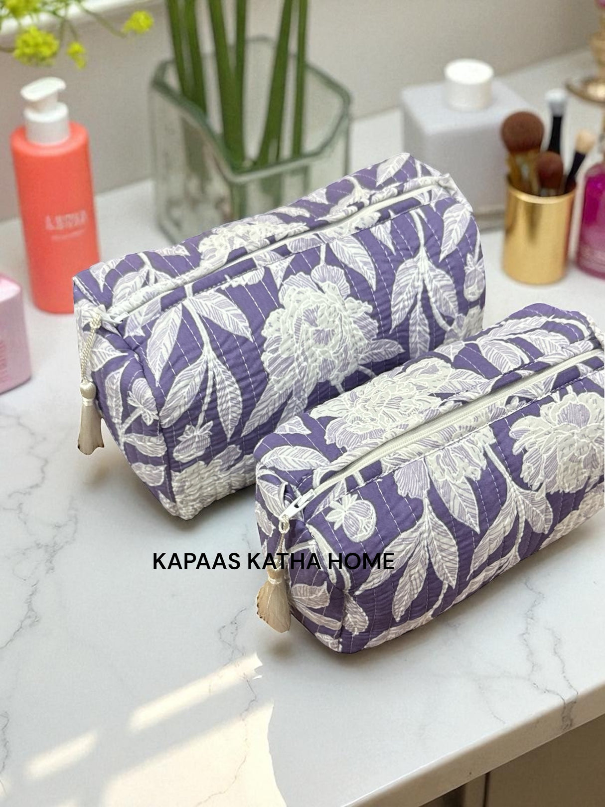 Purple White Set of 2 Pouches (medium and small)