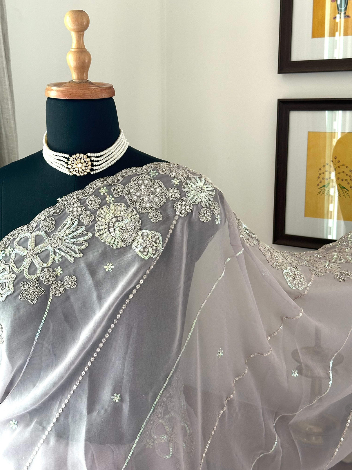 Light Lavender Georgette saree embellished with machine embroidery