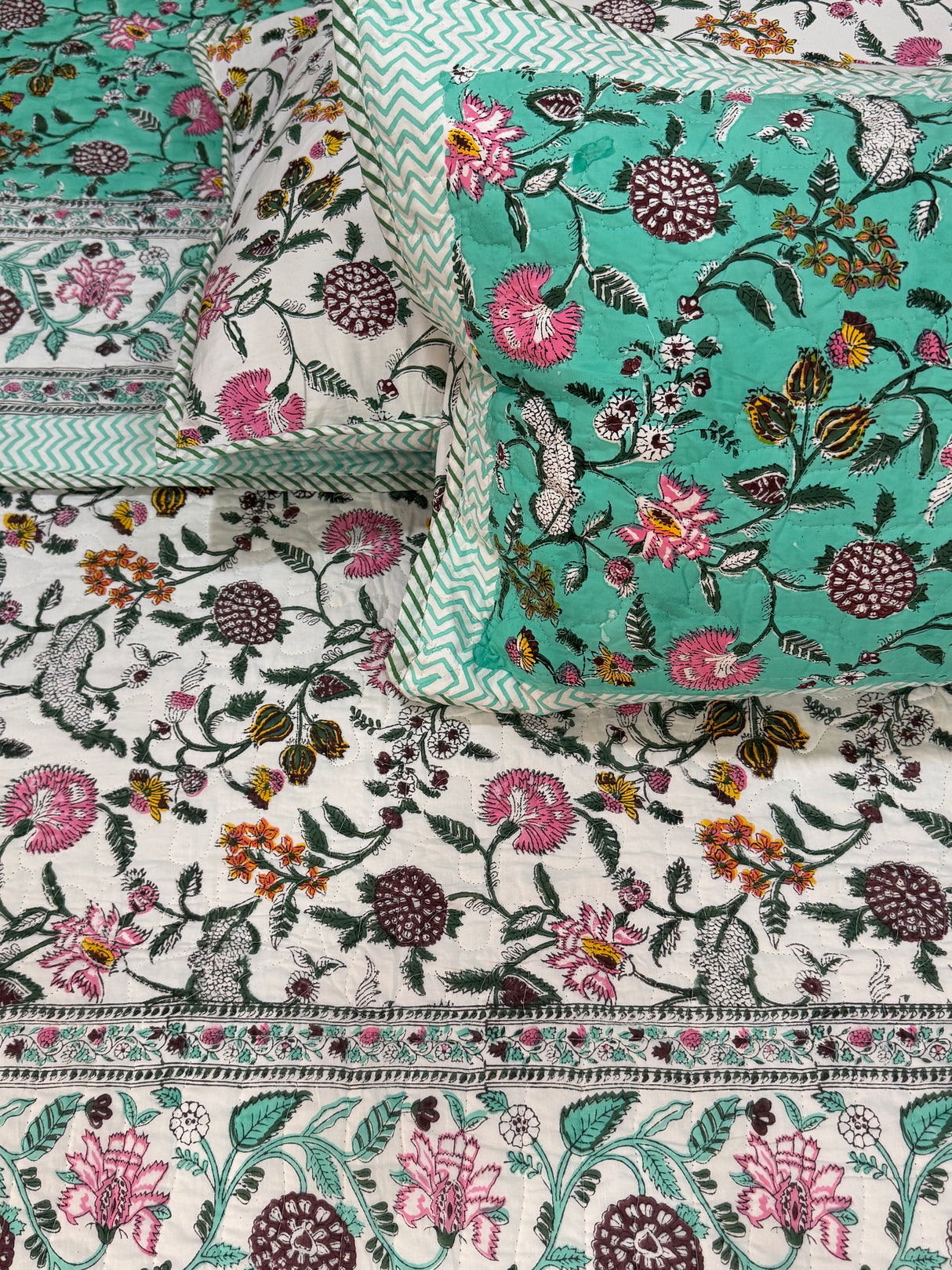 KING Size Quilted Blockprint REVERSIBLE Mulmul Bedcover (108*108 inches)