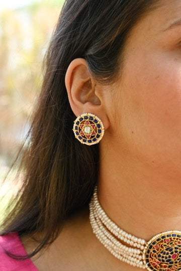 Noor-e-Mor Pearl and Kundan Setting Handcrafted 92.5 Silver Choker with Earrings