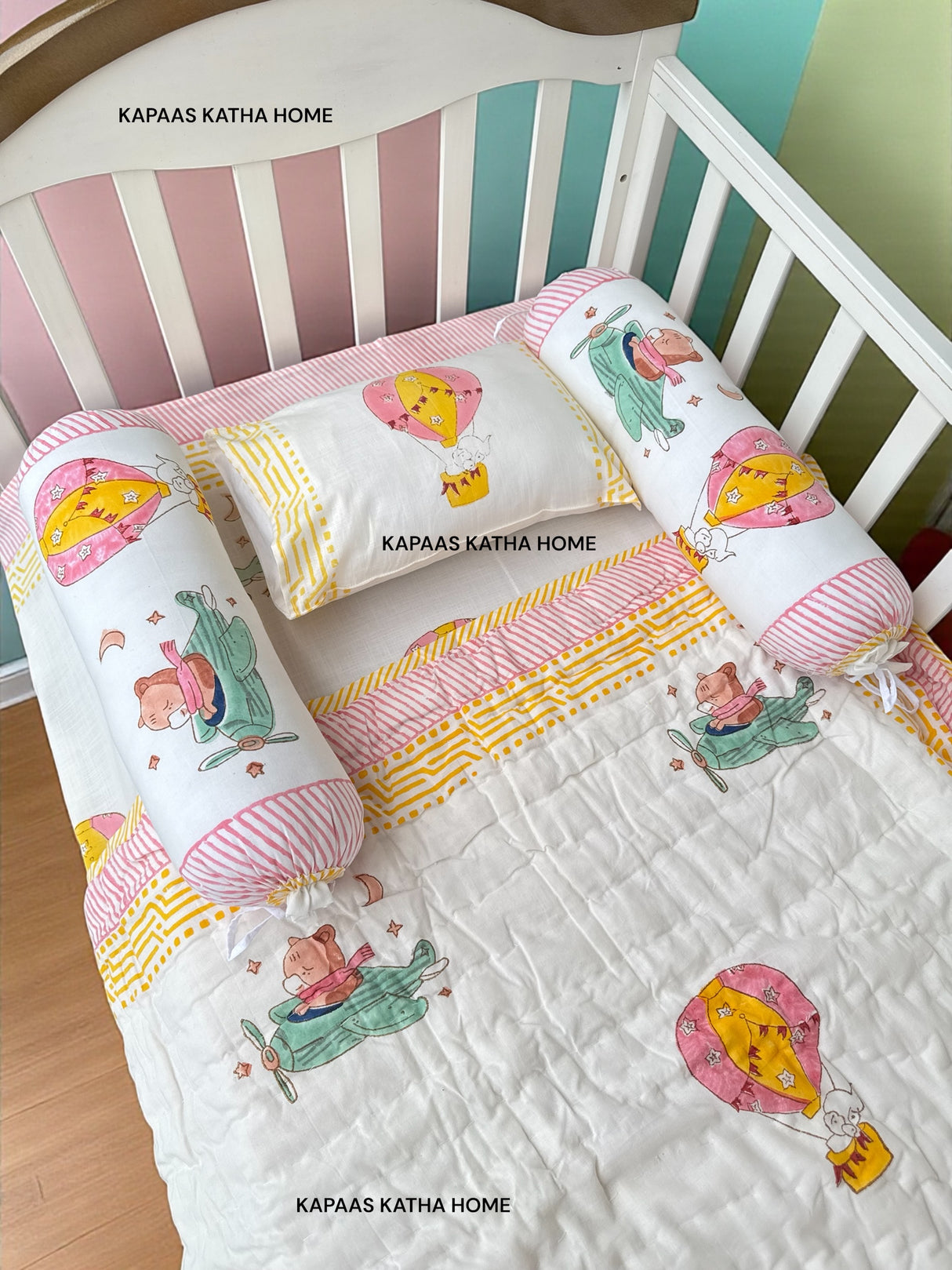 Hot Air Balloon- Baby Cot Bedding (cot sheet, quilt, pillow, bolsters)