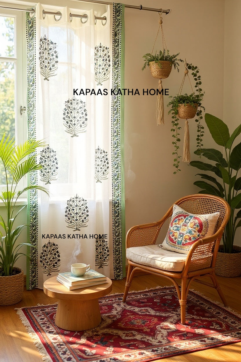 Pair of Pink Blockprint Cotton Curtain (Set of 2)