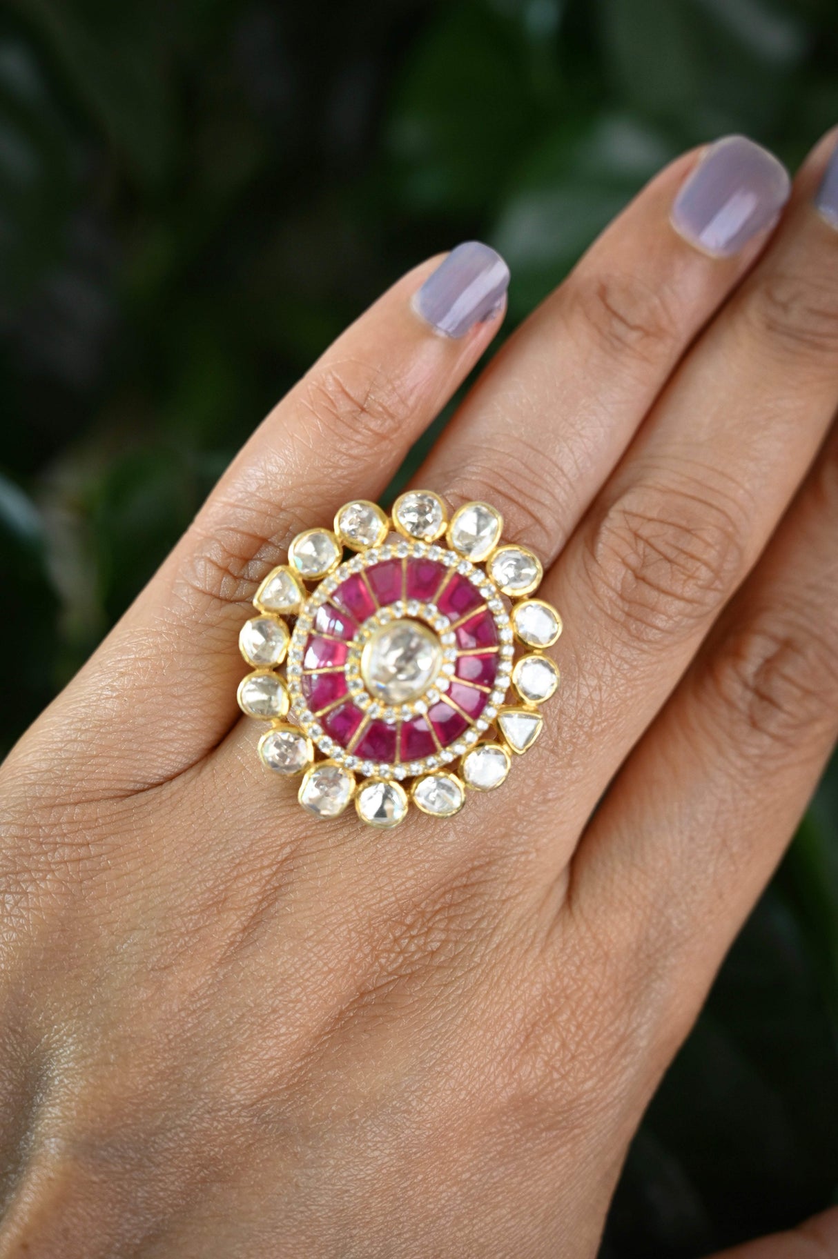 Royal Sage - Handcrafted Adjustable 92.5 Silver Ring with Moissanite polki and Imitation Ruby