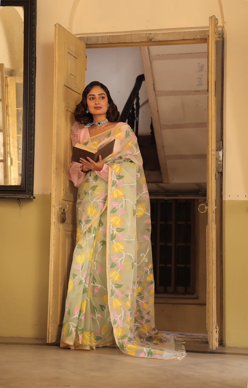 Super Exclusive Light Green Colour Handloom Muslin Silk Saree with Jamdani weaving