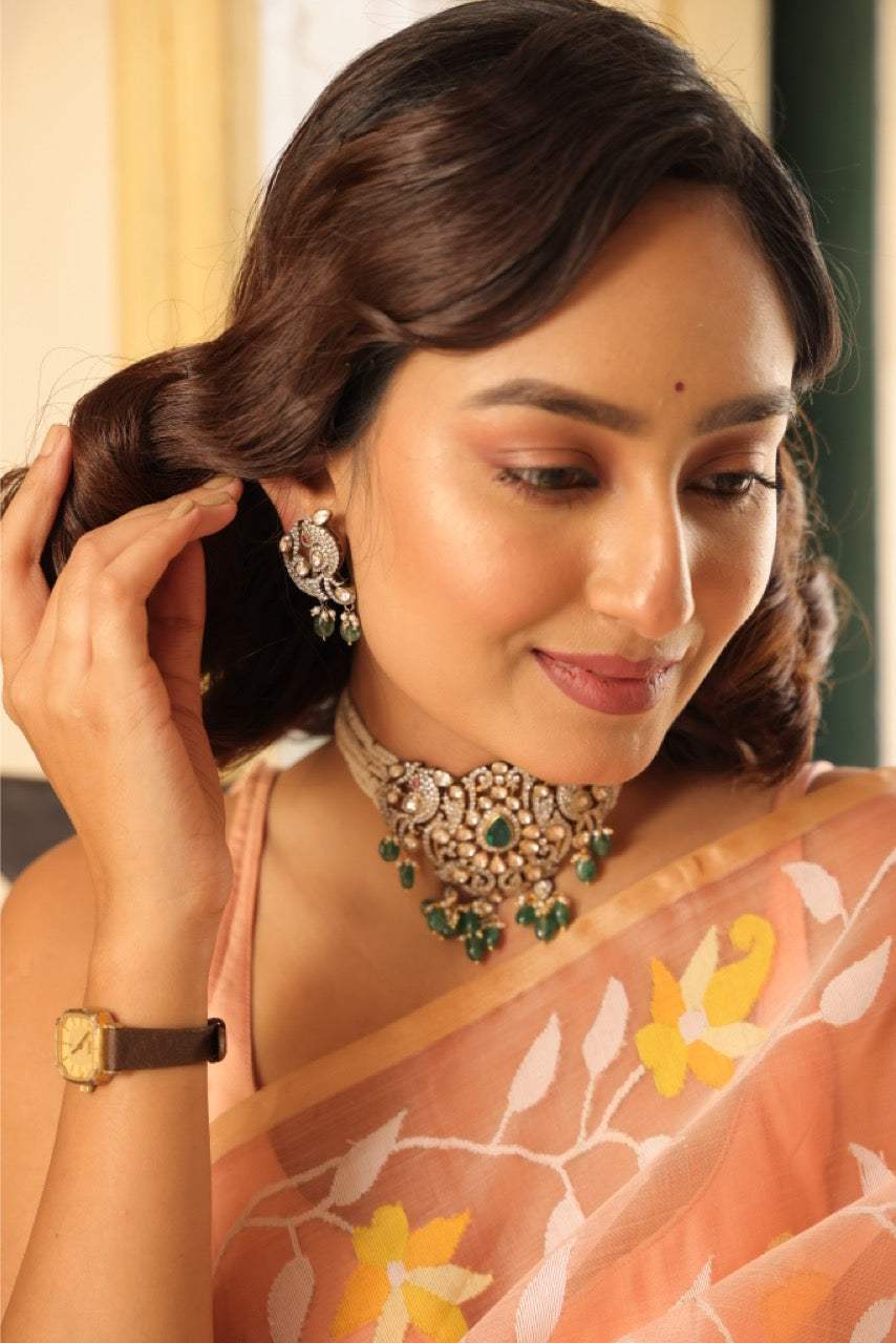 Victorian Finish Handcrafted 92.5 Silver Moissanite Choker with Earrings