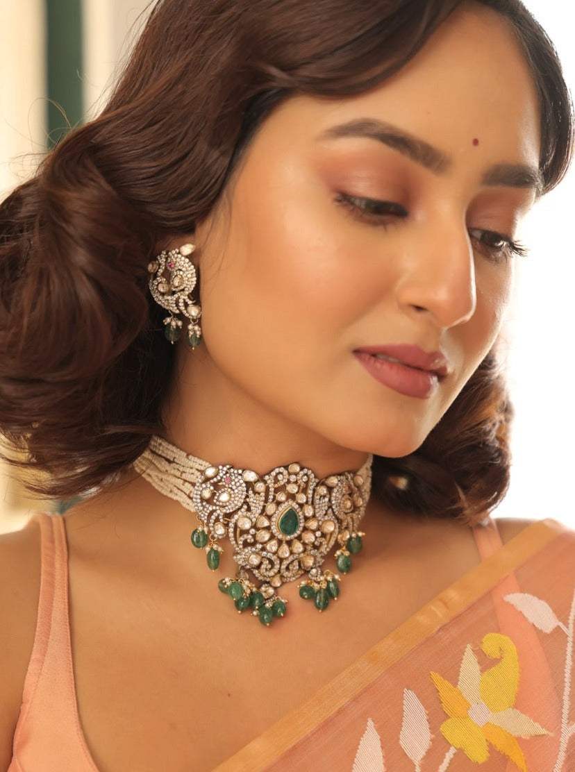 Victorian Finish Handcrafted 92.5 Silver Moissanite Choker with Earrings