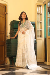 Super Exclusive Cream Colour Handloom Muslin Silk Saree with Jamdani weaving