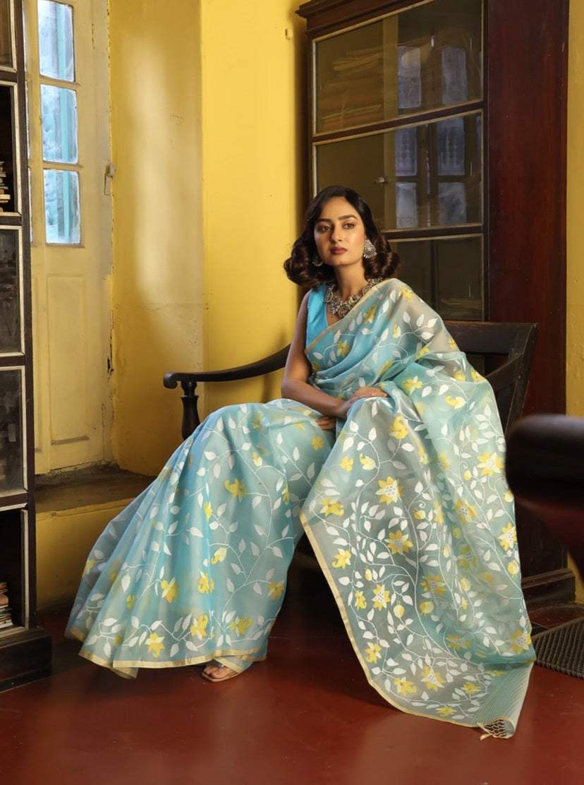 Cloudy Blue Smocking Muslin Saree with Red Border