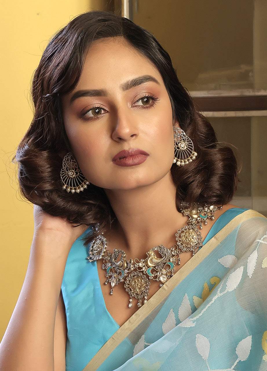 Two Tone Peacock Theme 92.5 Silver Neckpiece with Earrings