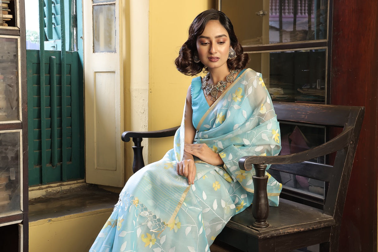 Super Exclusive Blue Colour Handloom Muslin Silk Saree with Jamdani weaving