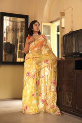 Super Exclusive Yellow Colour Handloom Muslin Silk Saree with Jamdani weaving