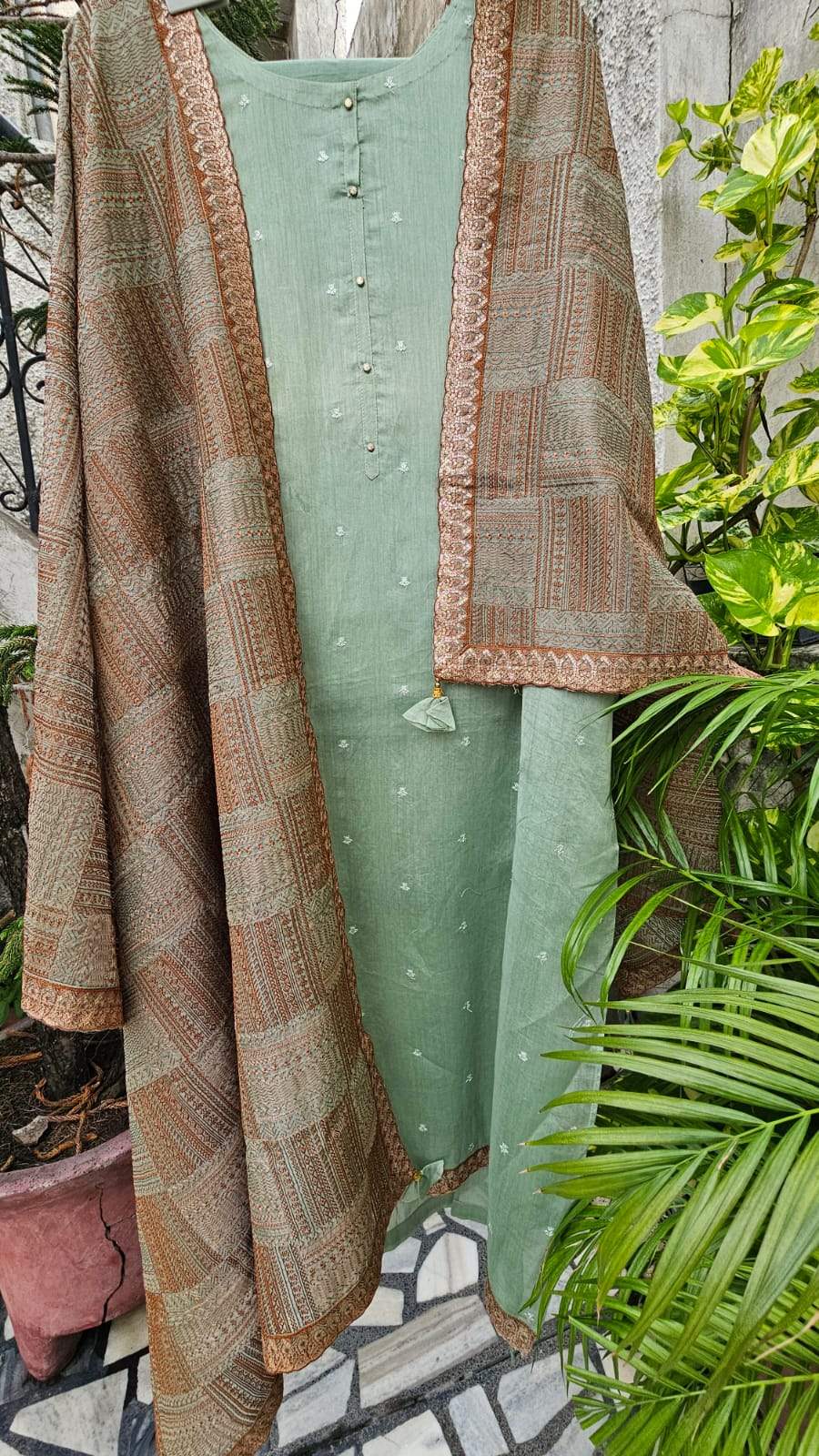 Lovely Green 3-pc Chanderi Mulmul Semi Stitched Suit Set