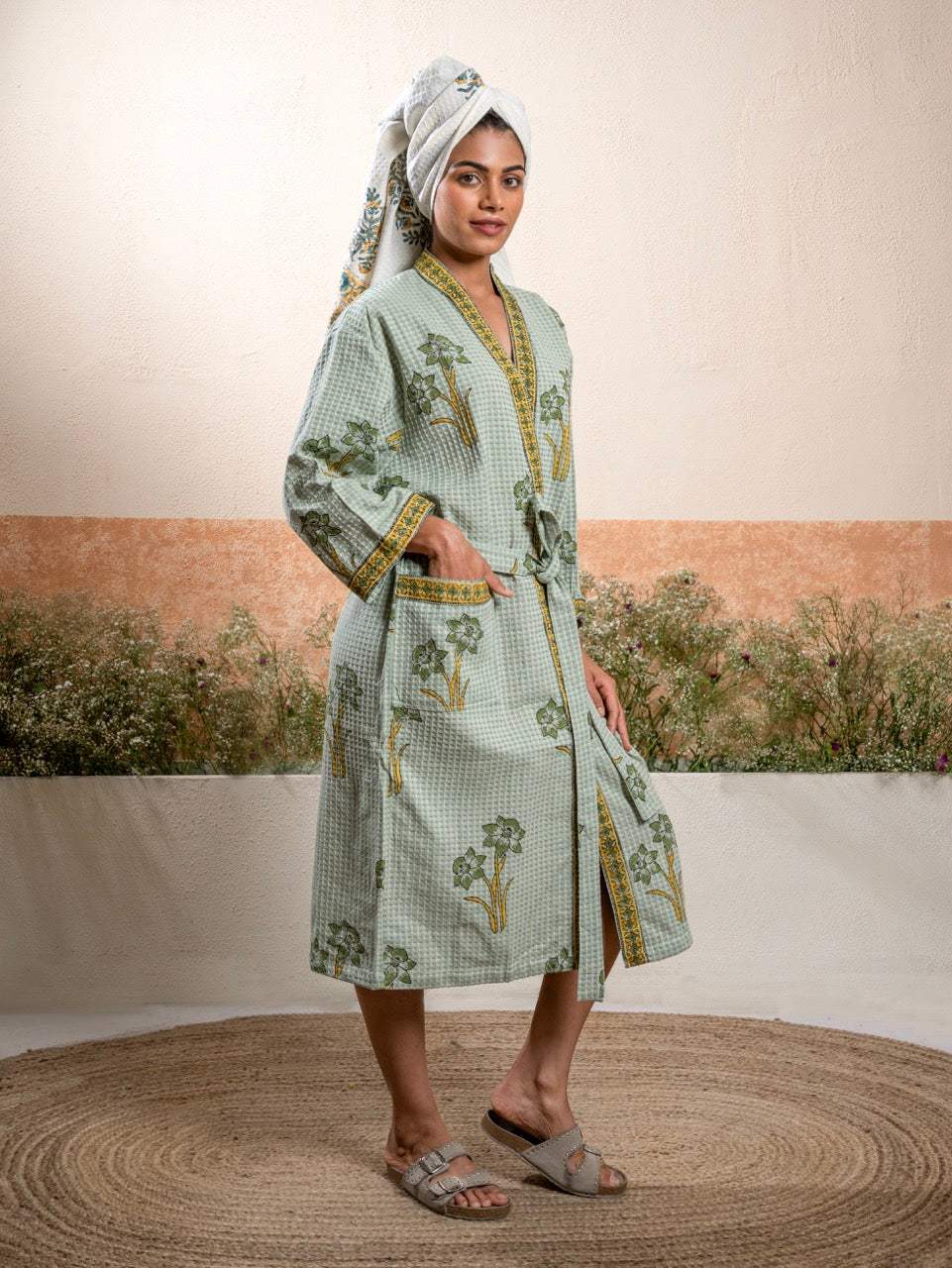 Greenish Base Color Cotton Waffle Handblock Bath Robe