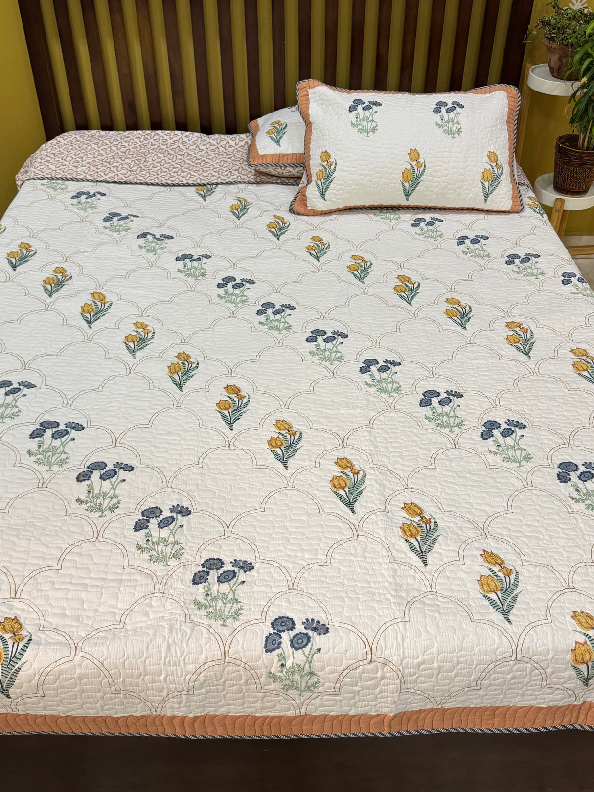 KING Size Quilted Blockprint REVERSIBLE Mulmul Bedcover (108*108 inches)