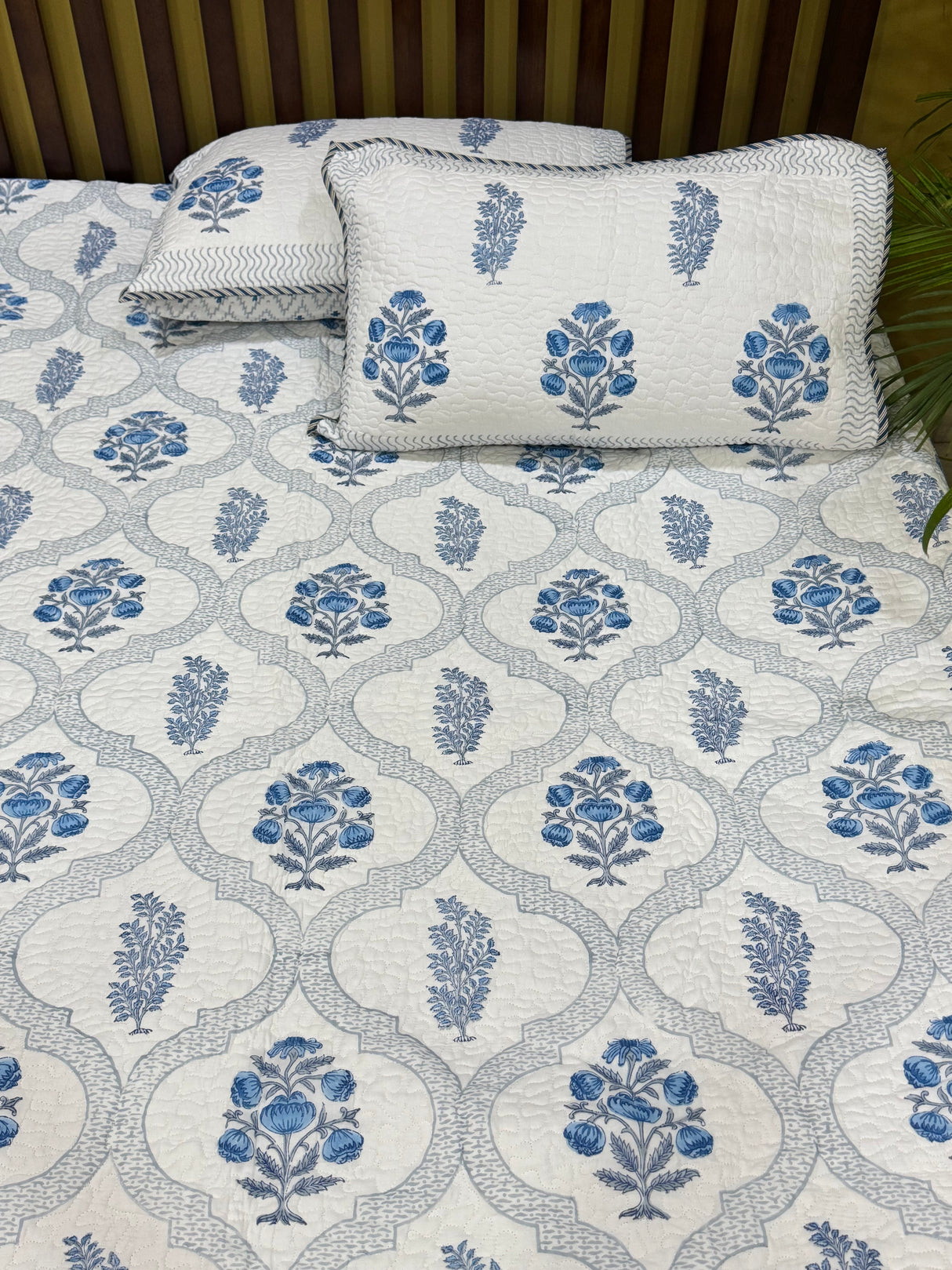 KING Size Quilted Blockprint REVERSIBLE Mulmul Bedcover (108*108 inches)