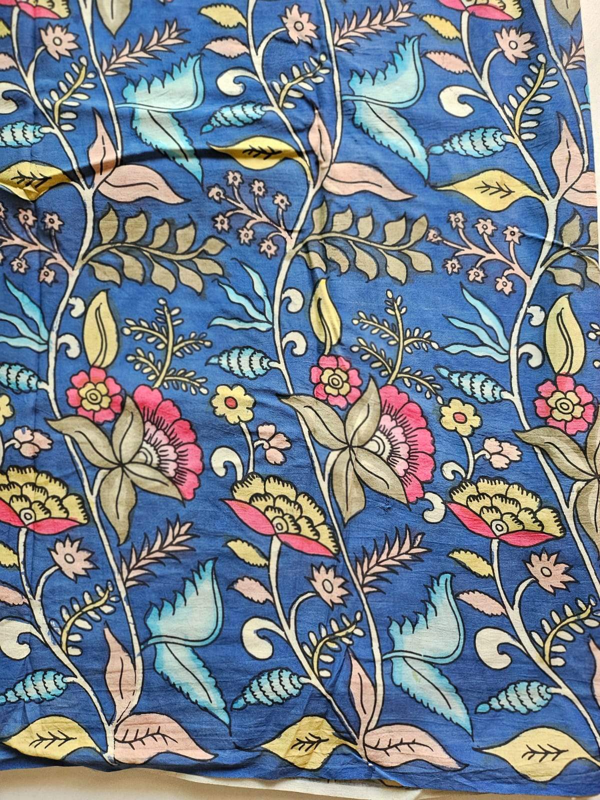 Bangalore Silk Pen Kalamkari Blouse Fabric with Floral Motifs