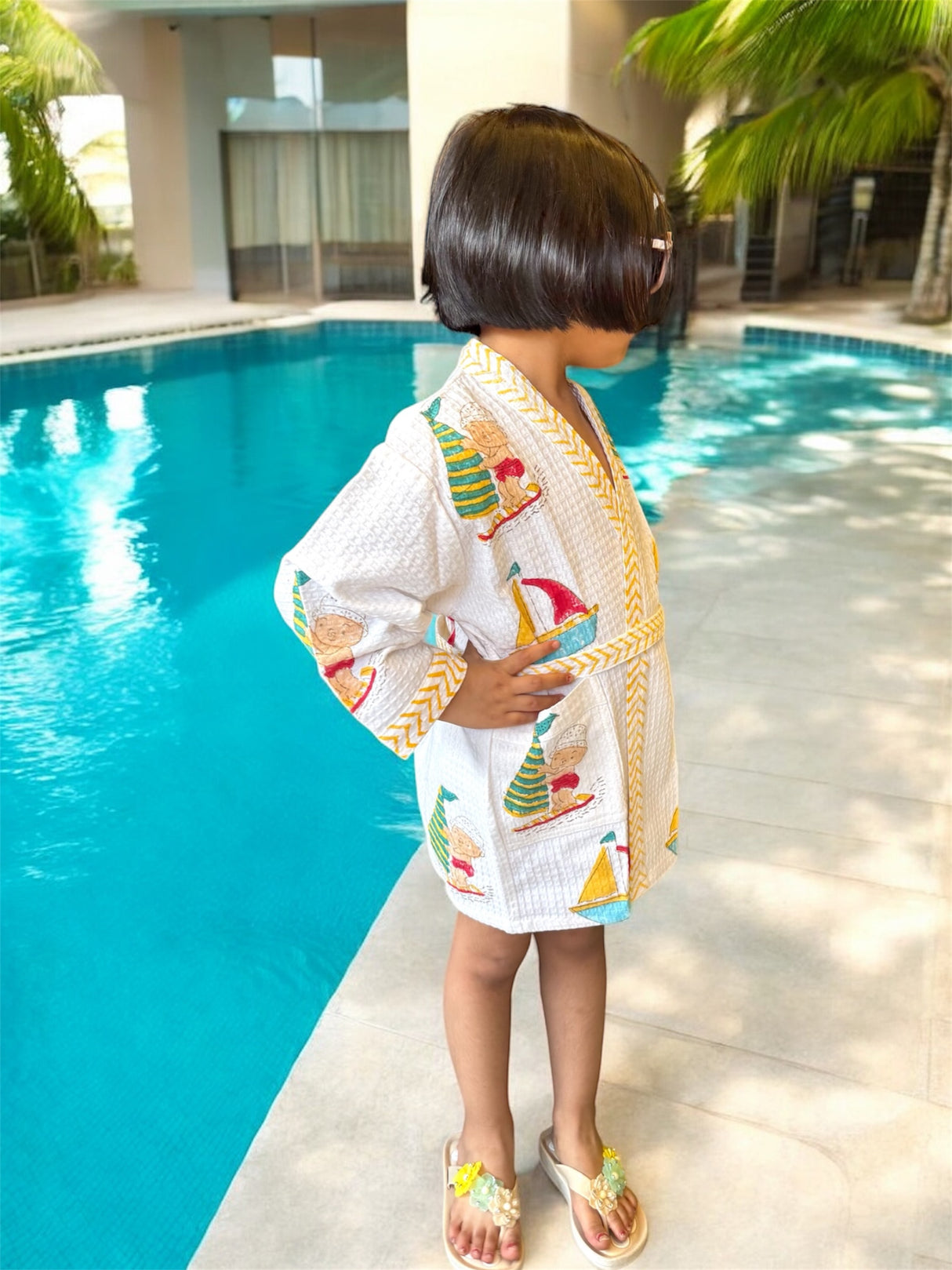 Beach Theme Kids Bathrobe-Cotton Waffle Blockprint