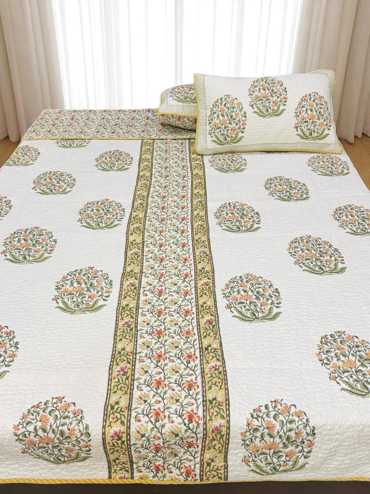 Double Size Quilted Blockprint REVERSIBLE Mulmul Bedcover (90*108 inches)