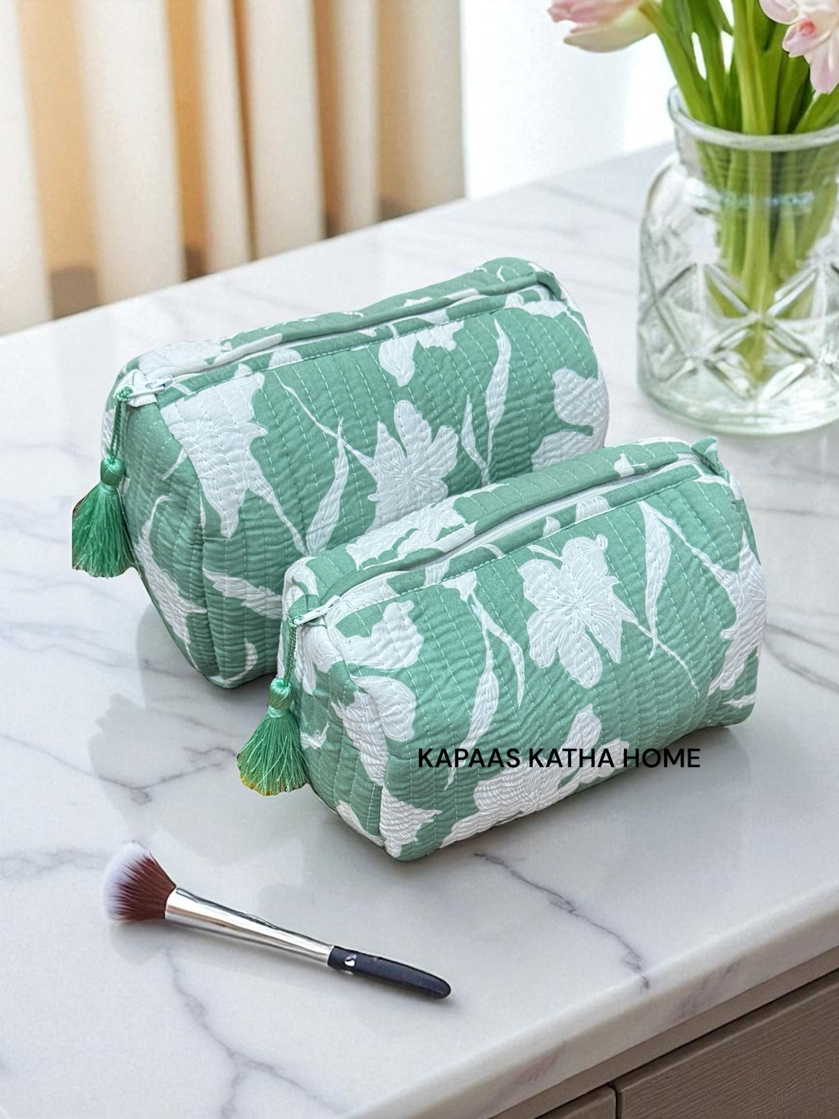 Green White Set of 2 Pouches (medium and small)