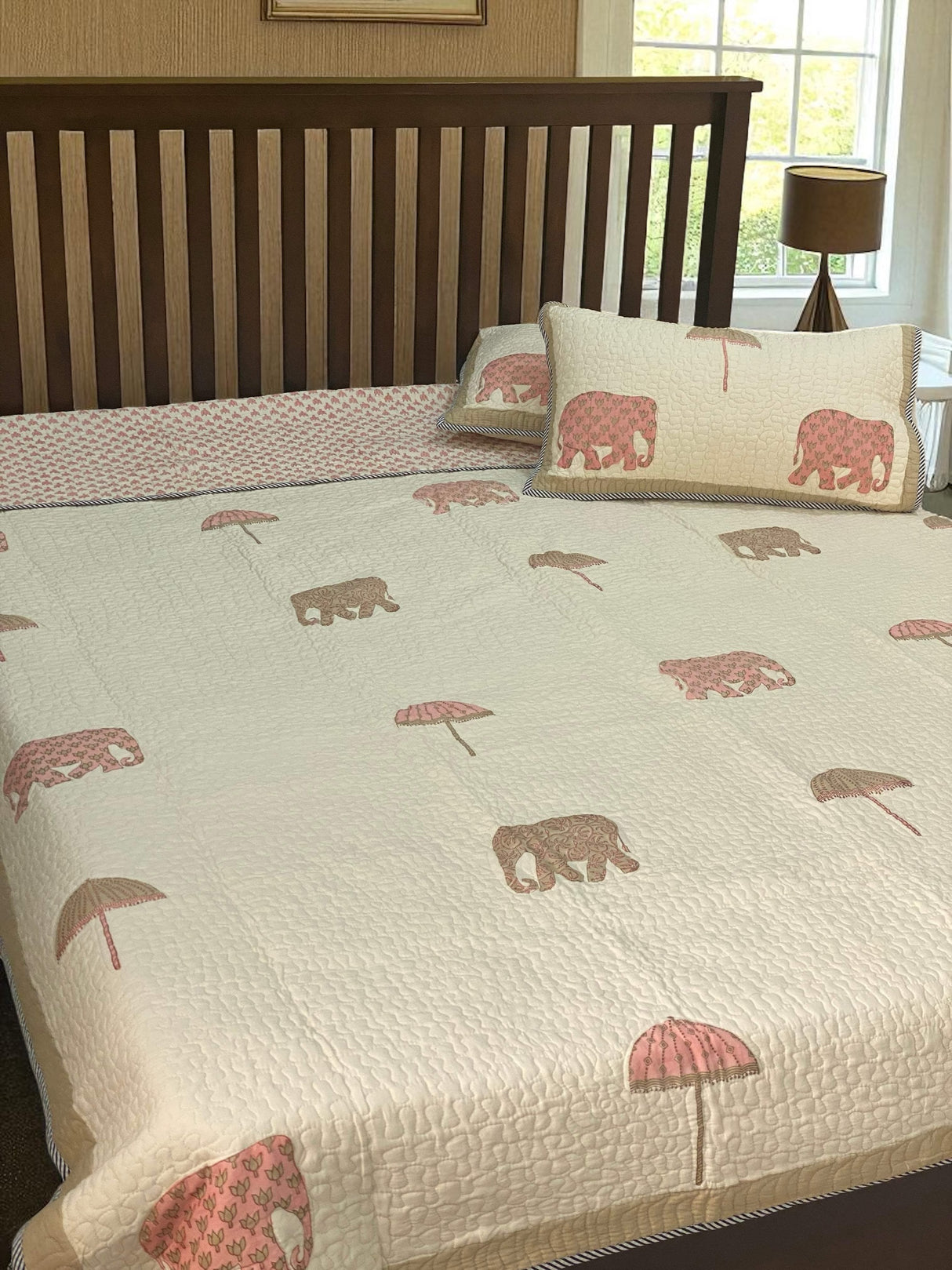 KING Size Quilted Blockprint REVERSIBLE Mulmul Bedcover (108*108 inches)
