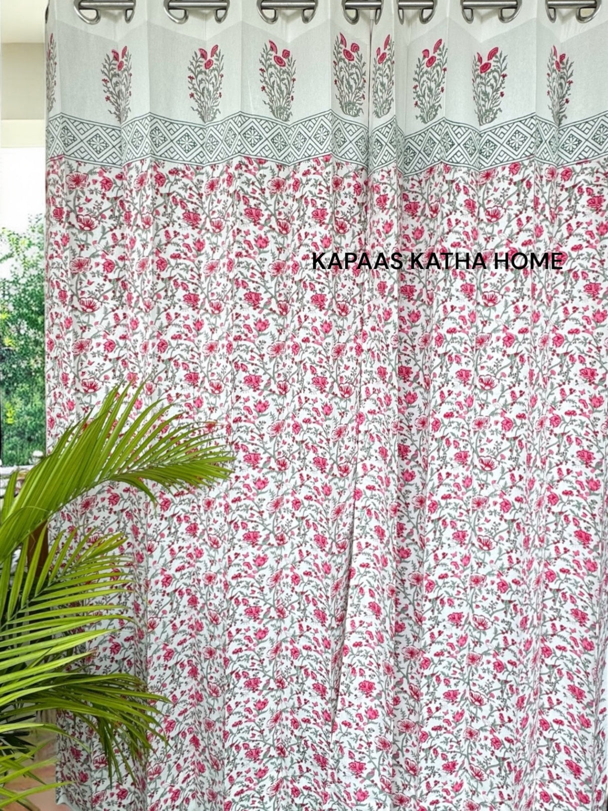Pair of Pink Blockprint Cotton Curtain (Set of 2)