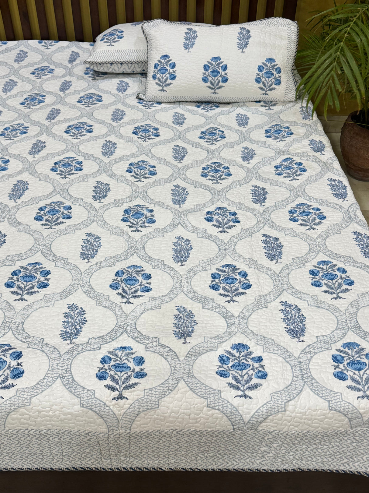 KING Size Quilted Blockprint REVERSIBLE Mulmul Bedcover (108*108 inches)