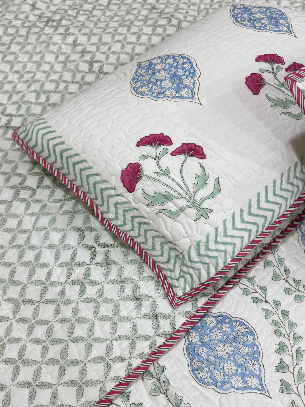 KING Size Quilted Blockprint REVERSIBLE Mulmul Bedcover (108*108 inches)