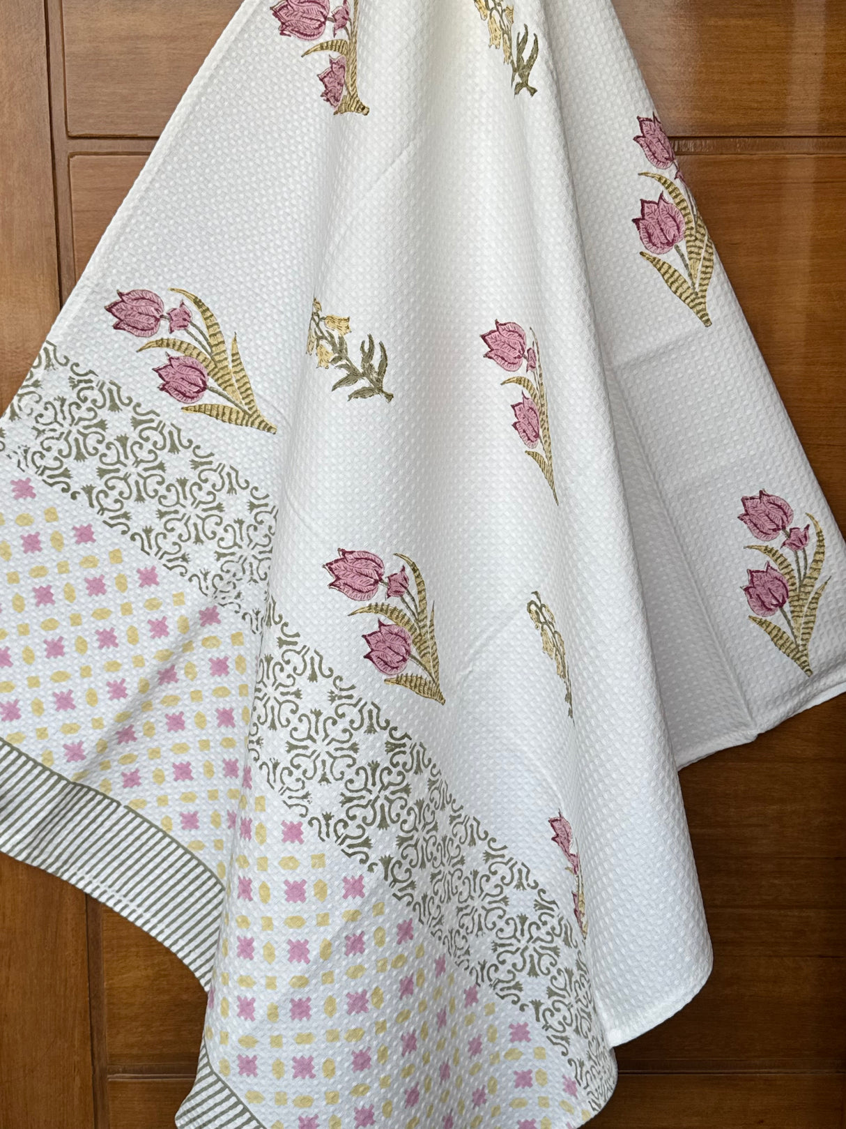 Elegant Mauve Blockprint Cotton Towel- Waffle Weave